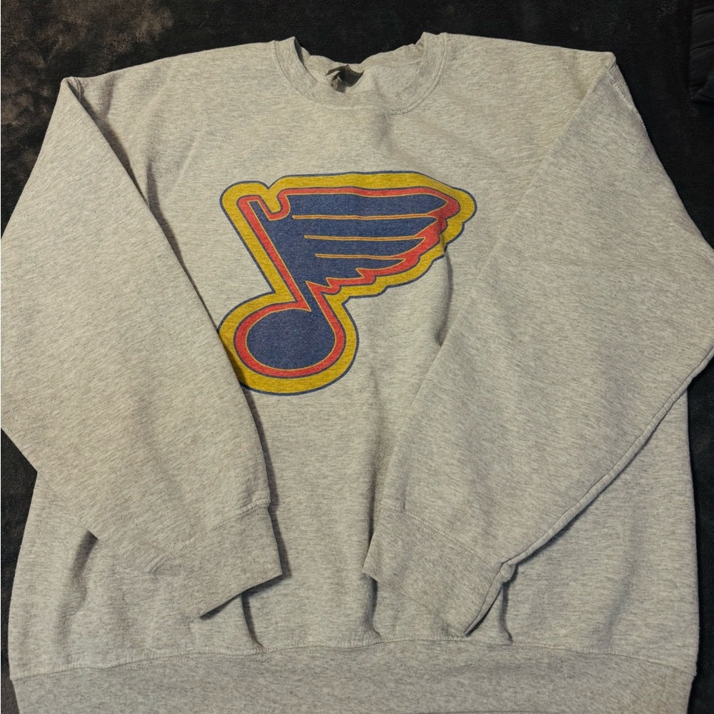 Gray Crewneck Sweater with Blue and Yellow Logo